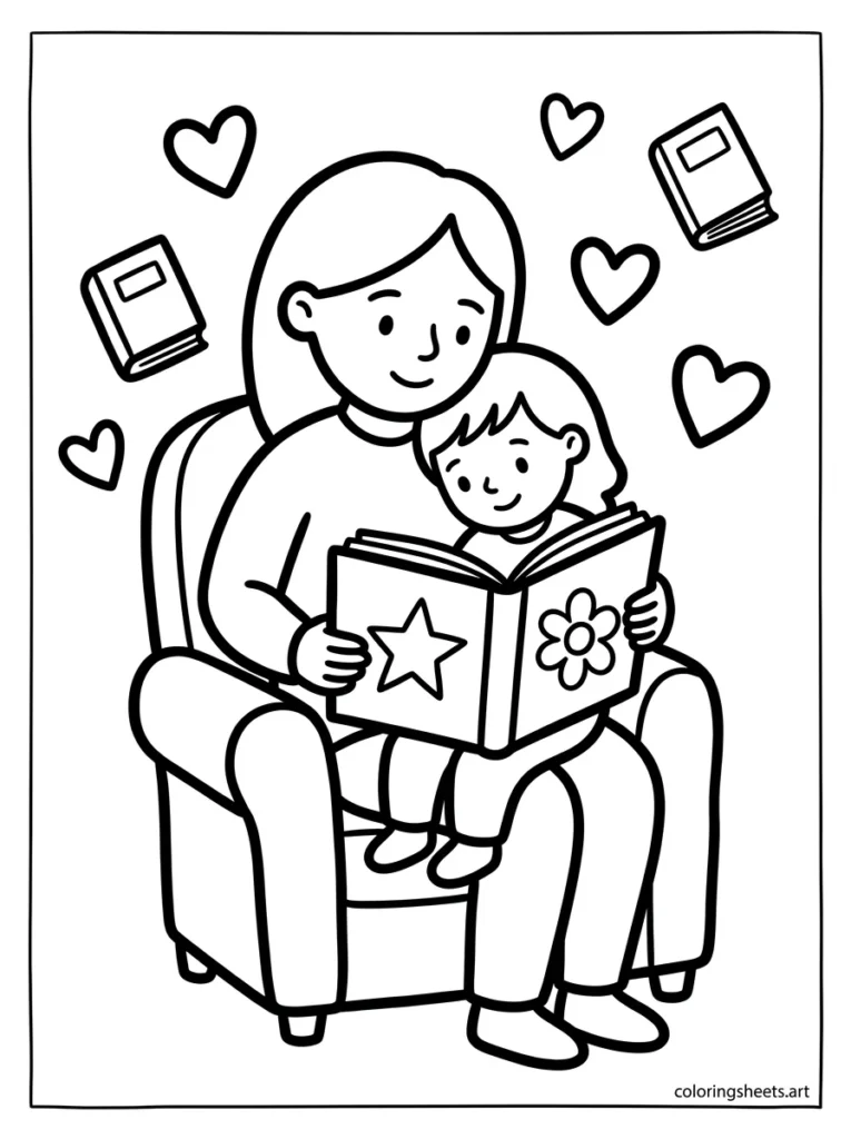 Preschooler sitting in mommy's lap reading a book together coloring page