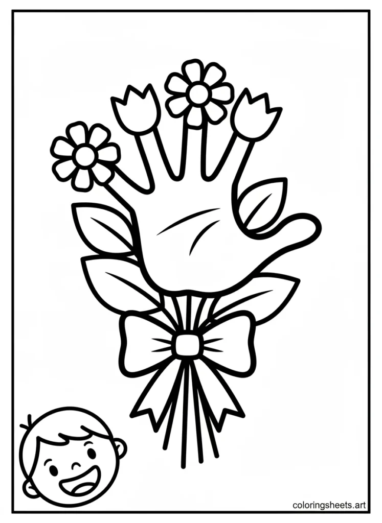 Toddler handprint transformed into a flower bouquet preschool mothers day coloring page