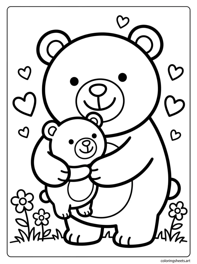 Mama bear and baby bear sharing a big warm hug preschool mothers day coloring page