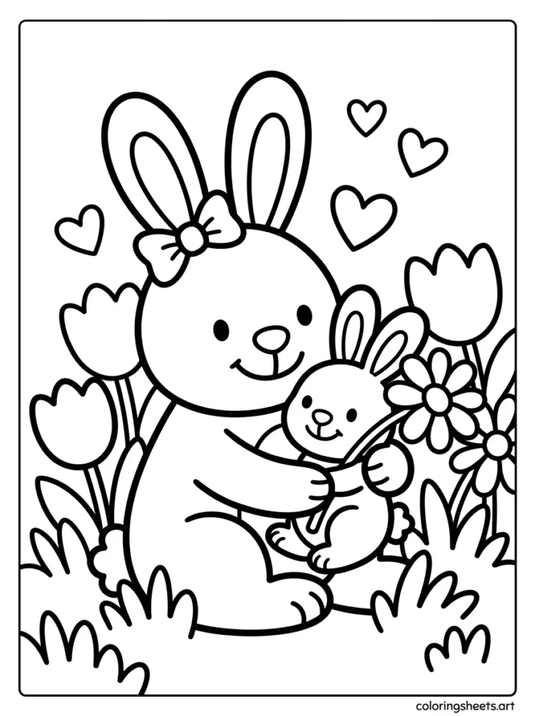 Mama bunny hugging baby bunny in a flower garden preschool mothers day coloring page