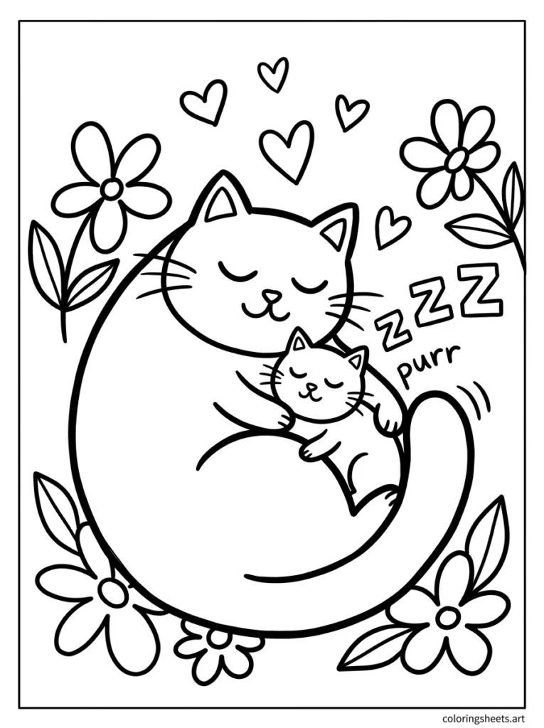 Mama cat and baby kitten cuddling peacefully together preschool mothers day coloring page