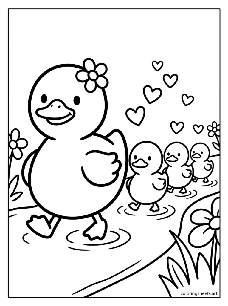 Mama duck leading baby ducklings in a row preschool mothers day coloring page