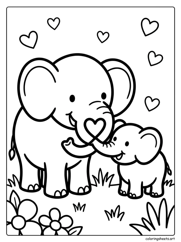 Mama elephant and baby elephant touching trunks preschool mothers day coloring page