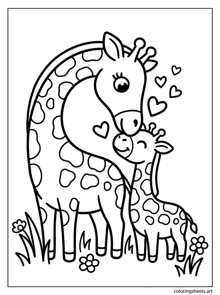 Mama giraffe and baby giraffe nuzzling necks together preschool mothers day coloring page