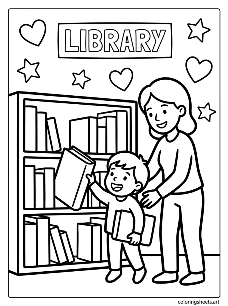 Mom and preschooler picking out books together at the library coloring page