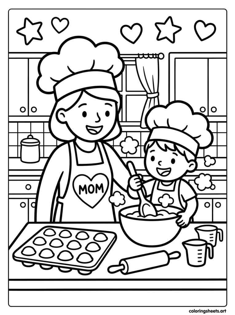 Mom and preschooler baking Mother's Day cupcakes together coloring page