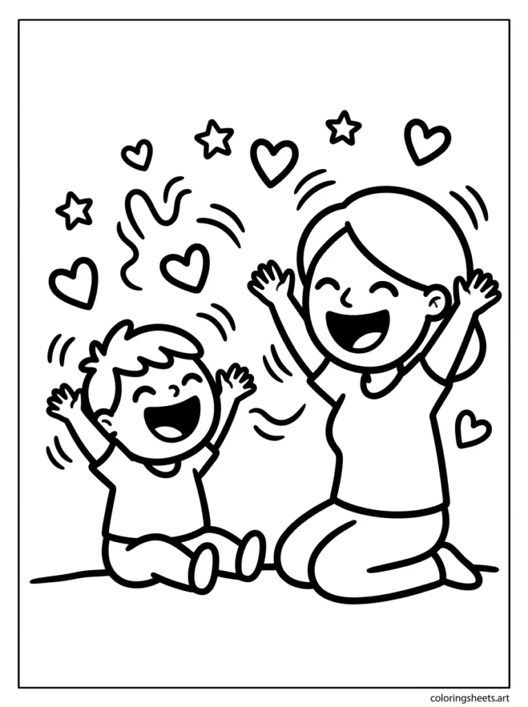 Mom and preschooler laughing together with joy coloring page for Mother's Day