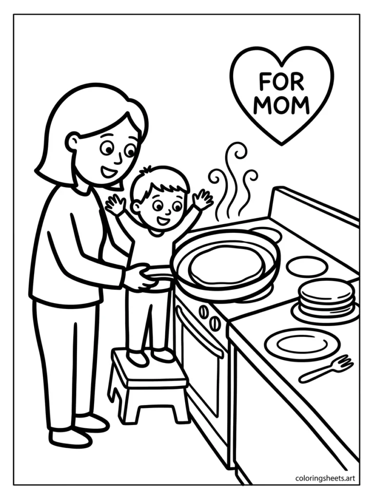 Mom and preschooler making Mother's Day pancakes together in the kitchen coloring page