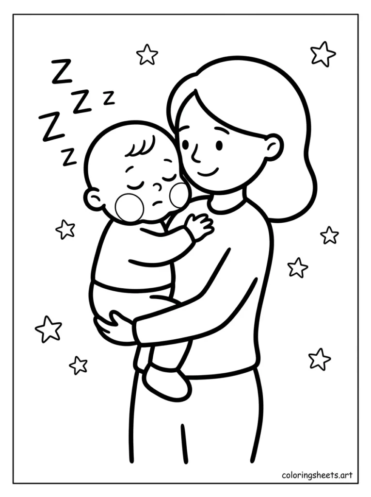 Mom carrying sleepy toddler on her hip preschool coloring page