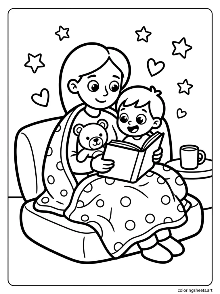 Mom and preschooler cuddled under a cozy blanket reading together coloring page