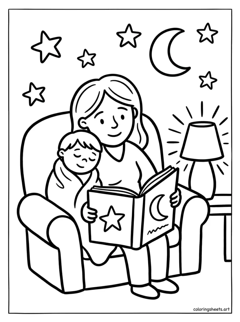 Mommy reading a bedtime story to a sleepy toddler preschool mothers day coloring page
