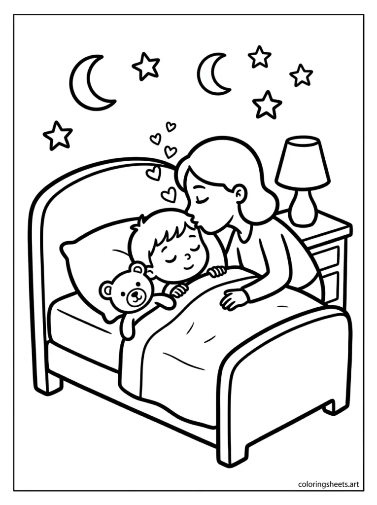 Mommy tucking preschooler into bed with a goodnight kiss coloring page