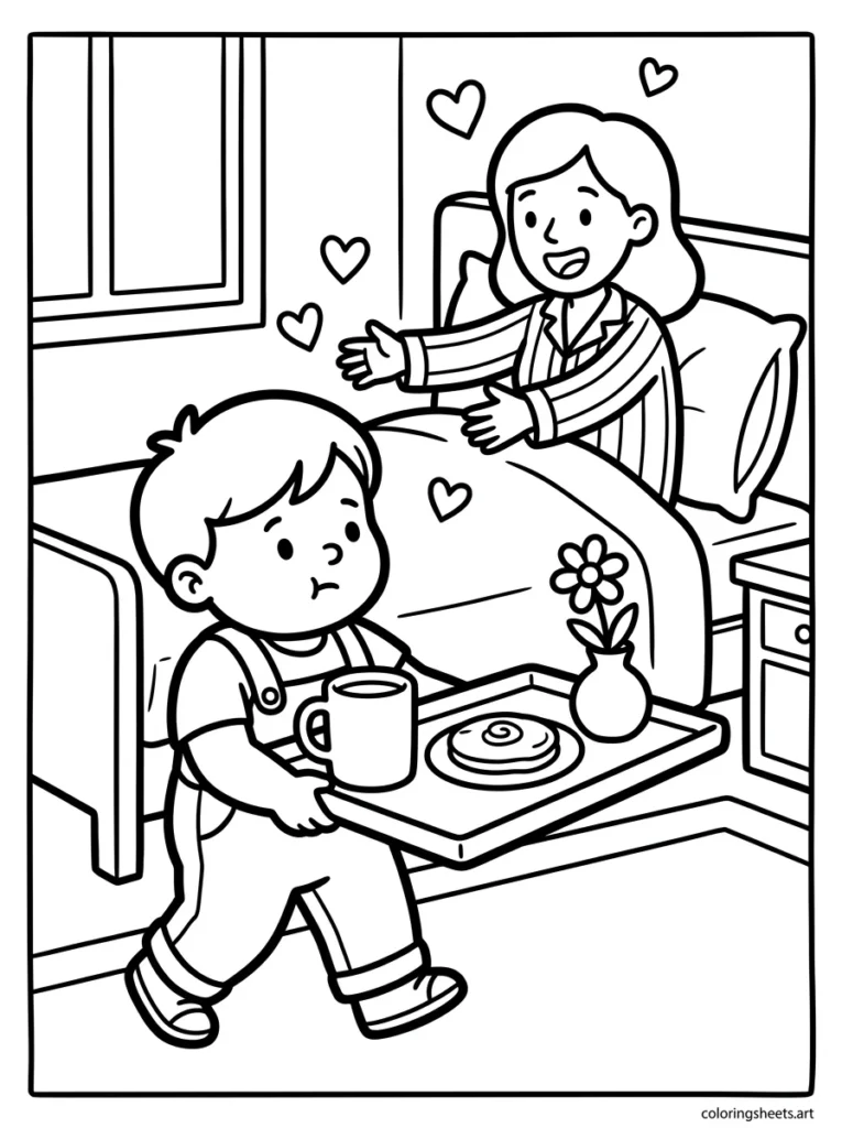 Toddler bringing mommy breakfast in bed on Mother's Day coloring page preschool