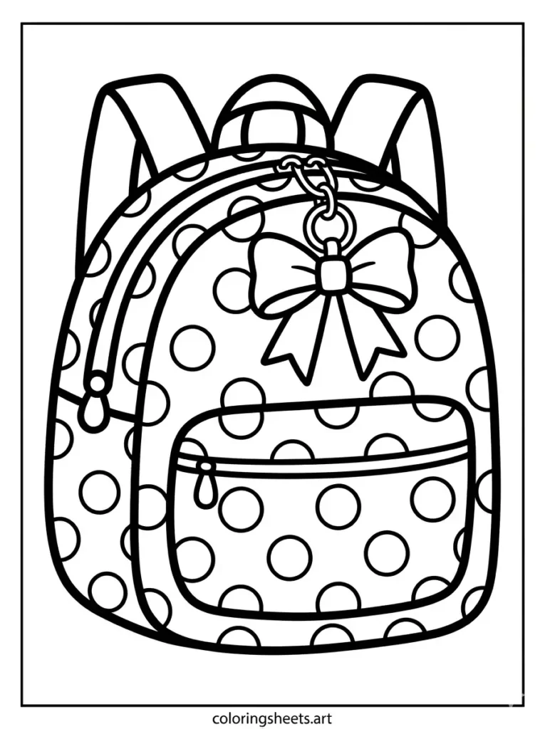 Printable PDF backpack coloring pages for kids featuring a polka dot fashion bag with bow charm coloring page