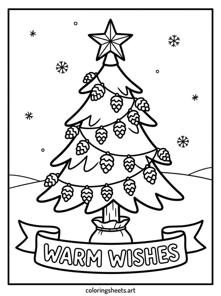 Free printable christmas tree coloring page for kids featuring a pinecone garland with a WARM WISHES bubble word banner