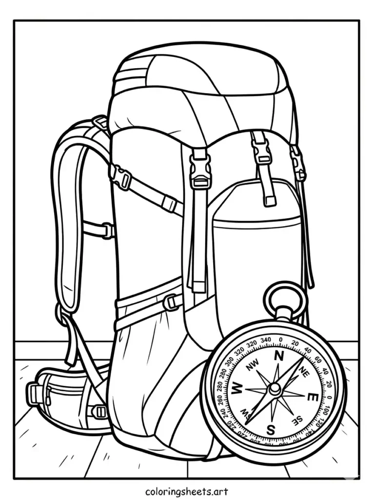 Printable PDF backpack coloring sheets for adults showing an outdoor camping daypack and navigation compass coloring page