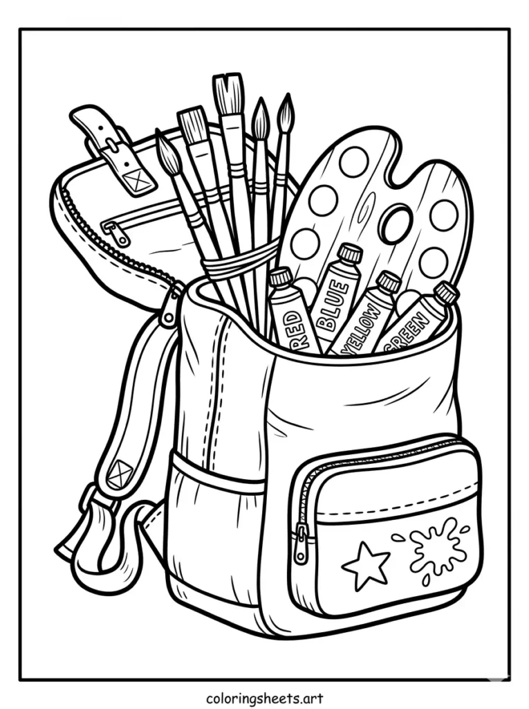 Printable PDF backpack coloring pages for kids showcasing paintbrushes and paint tubes spilling out coloring page