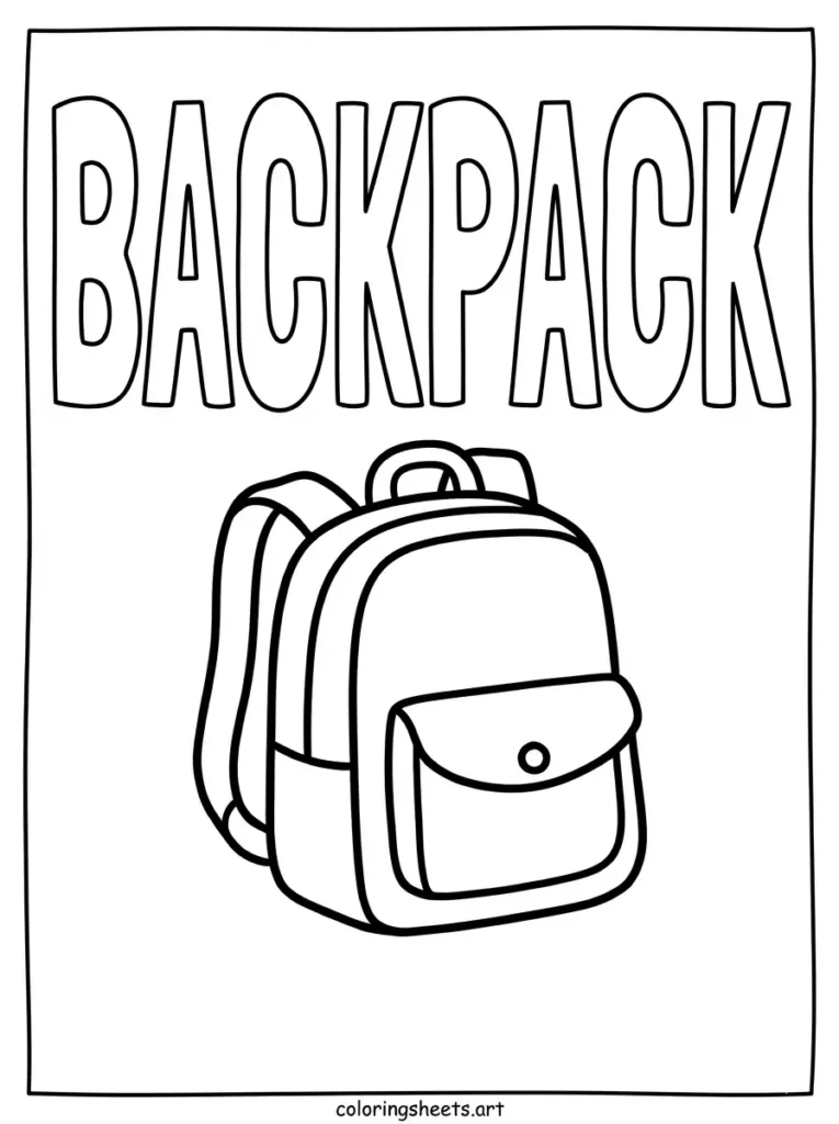 Printable PDF backpack coloring sheets for kids containing large open block letters reading BACKPACK coloring page