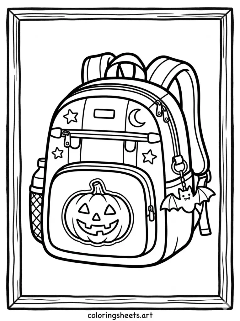 Printable PDF backpack coloring pages for kids featuring a Halloween bookbag with a pumpkin patch coloring page