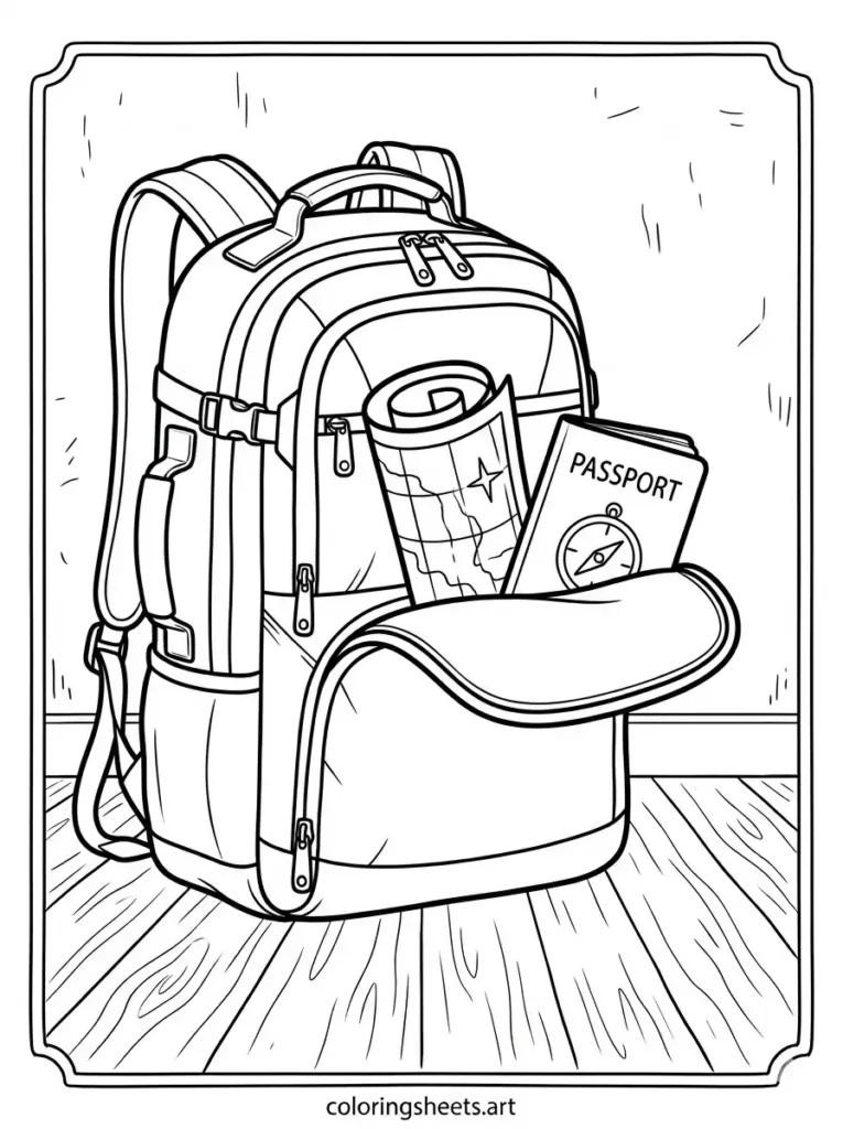 Printable PDF backpack coloring pages for kids showcasing a tourist bag with an open map pocket coloring page