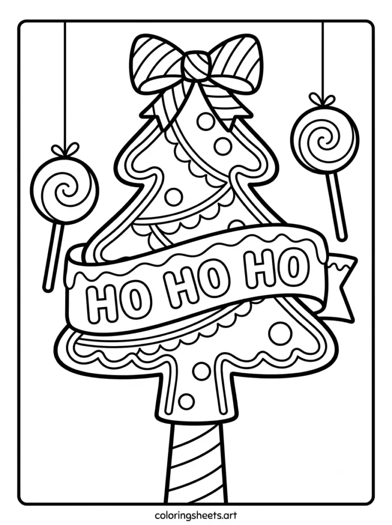 Printable PDF christmas tree coloring page for kids featuring a candy cane striped trunk with a HO HO HO bubble word banner