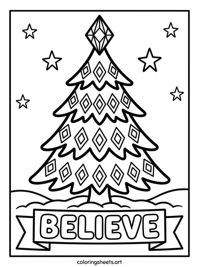 Printable PDF christmas tree coloring page for kids featuring a diamond pattern tree with a BELIEVE bubble word banner