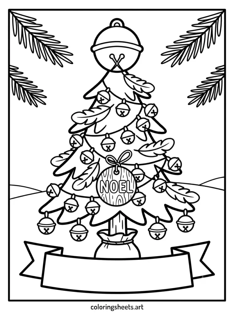 Printable PDF christmas tree coloring page for kids featuring feather and bell decorations with a NOEL bubble word tag