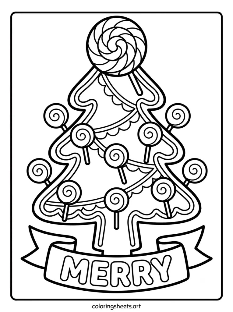 Printable PDF christmas tree coloring page for kids featuring a lollipop topper tree with a MERRY bubble word banner