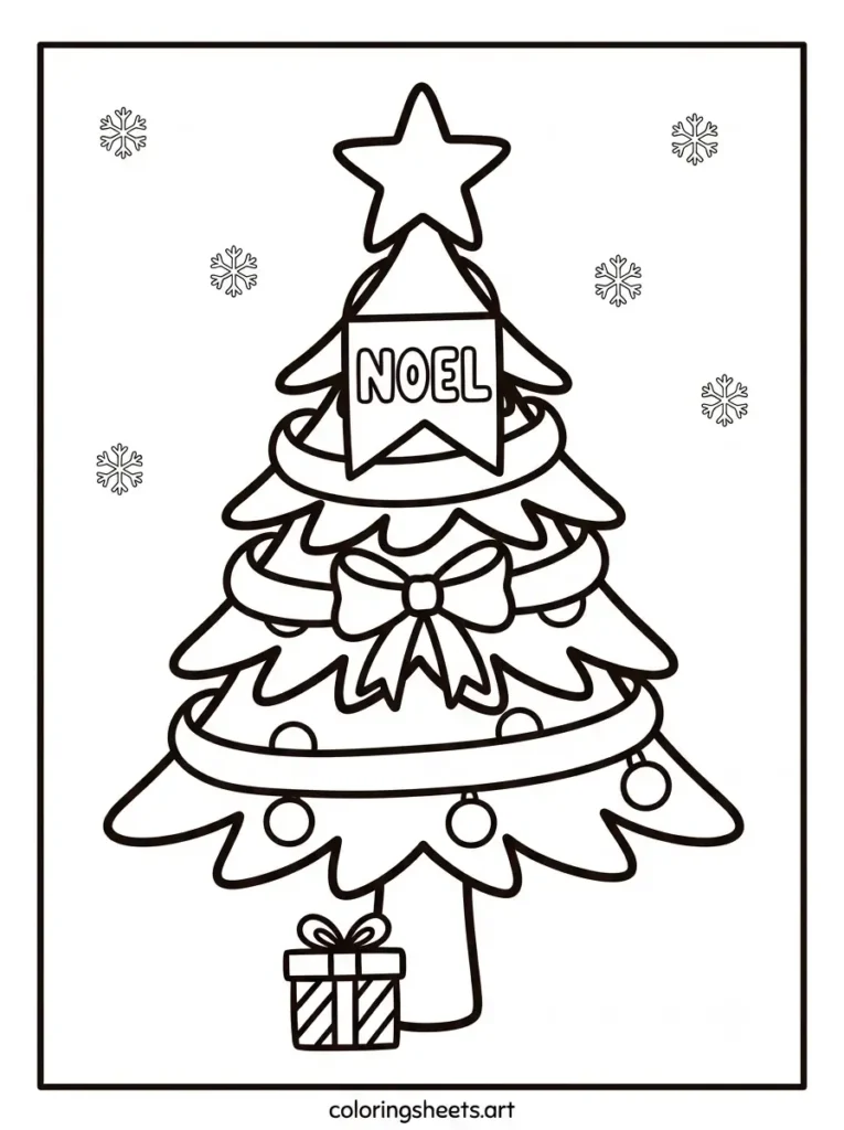 Printable PDF christmas tree coloring page for kids featuring a ribbon garland tree with a NOEL bubble word pennant