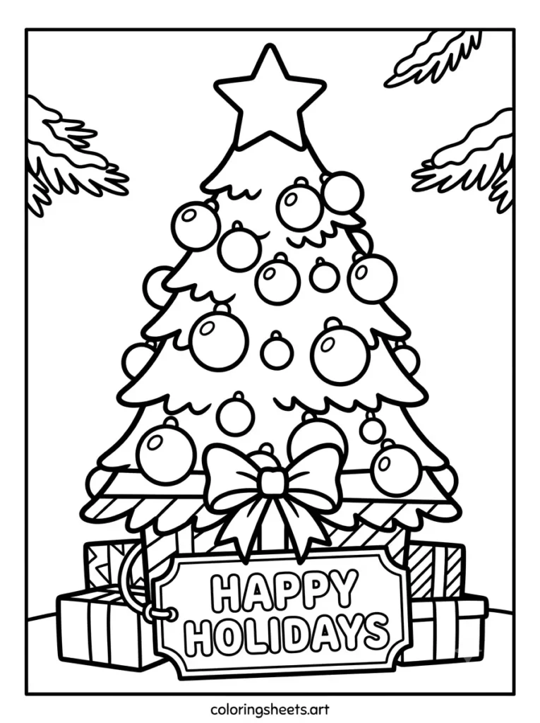 Printable PDF christmas tree coloring page for kids featuring a present wrapped trunk with a HAPPY HOLIDAYS bubble word tag