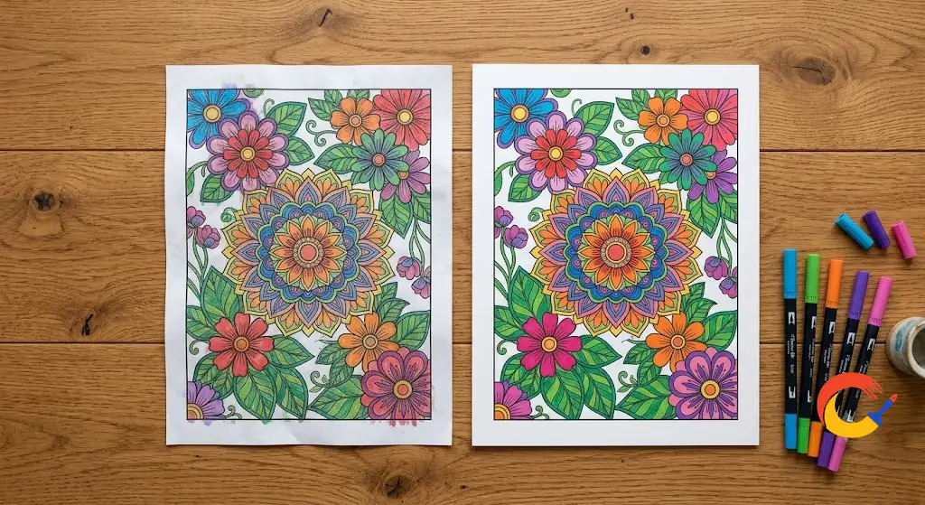 Comparison of standard printer paper and cardstock for coloring pages with markers