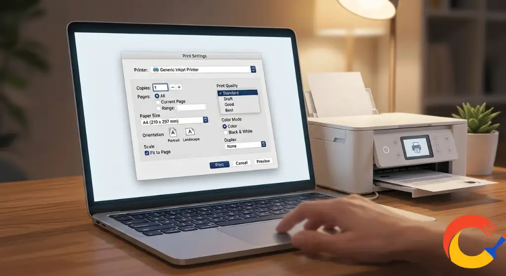 Close-up of a printer settings screen showing quality and paper size options