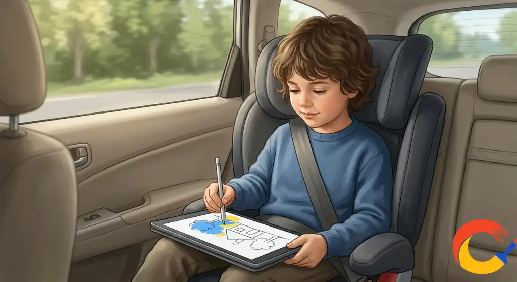 A child coloring digitally on a tablet during a car ride