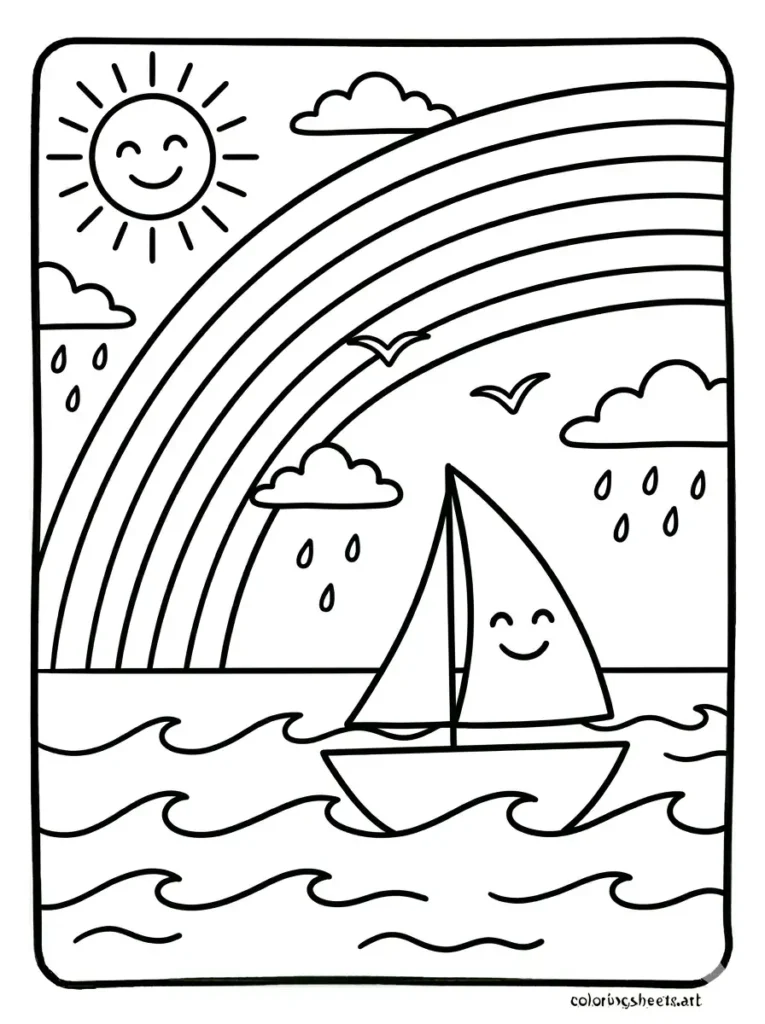 Ocean coloring pages for kids printable with a beautiful rainbow over the ocean after rain