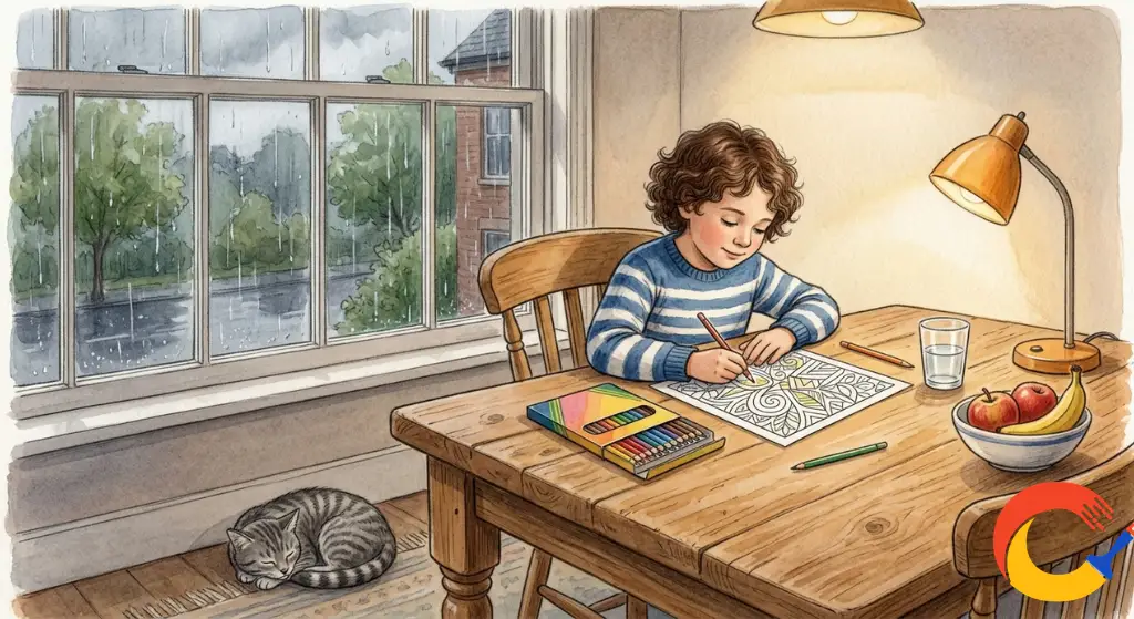 A child coloring at a kitchen table on a rainy summer day as an indoor activity