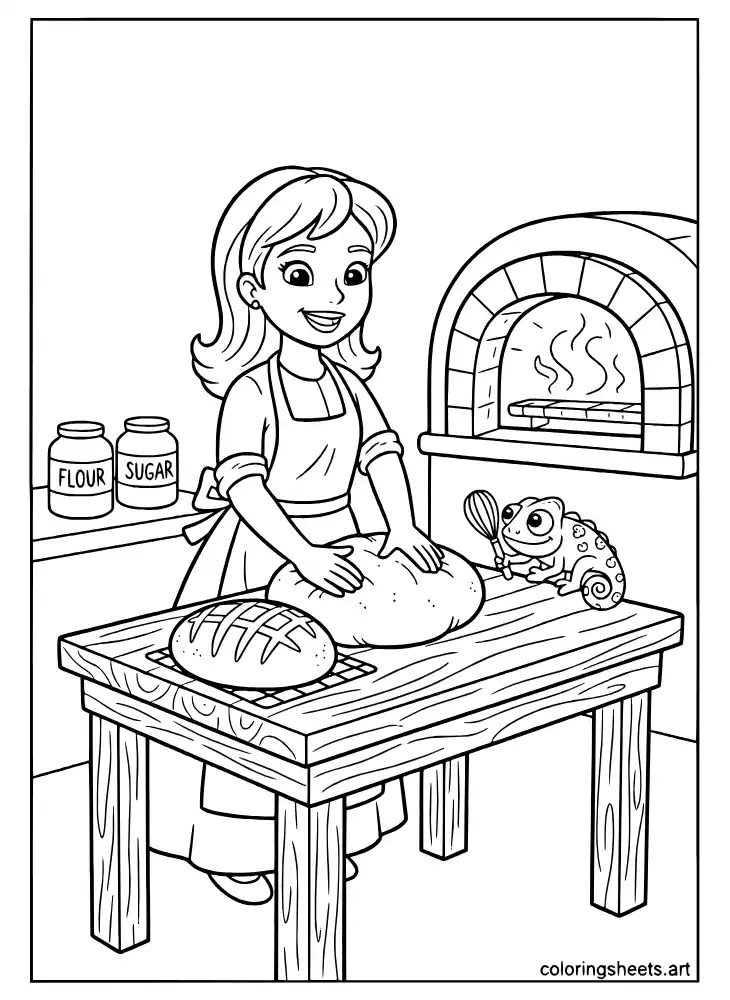 Rapunzel baking fresh bread in the tower kitchen coloring page