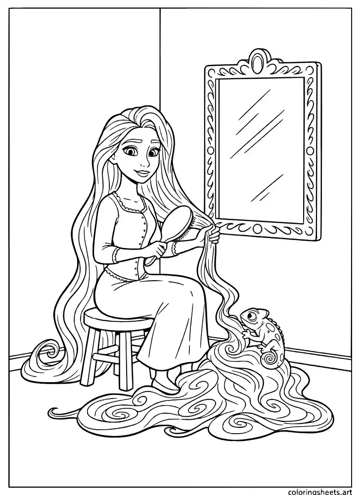 Rapunzel brushing her very long golden hair coloring page