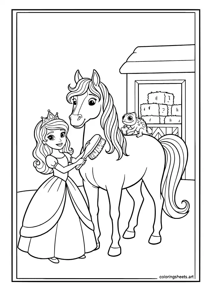 Rapunzel brushing Maximus the horse coloring page for kids