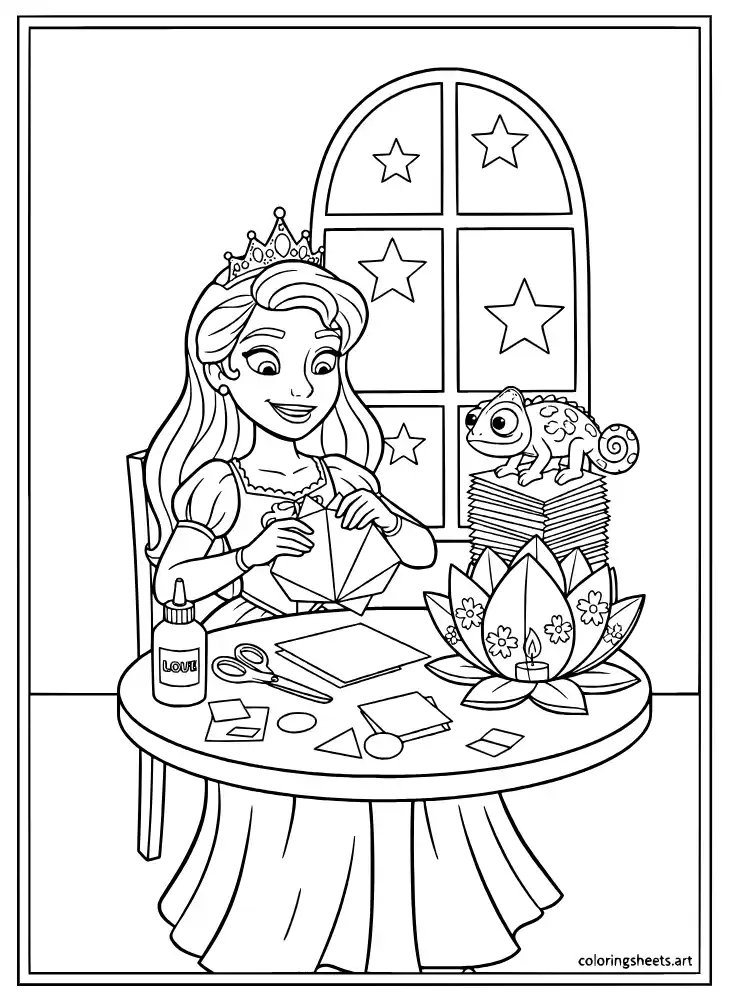Rapunzel crafting a paper lantern coloring page for kids