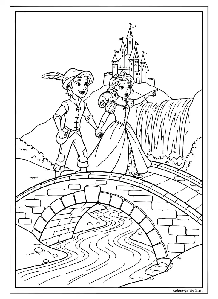 Rapunzel crossing a stone bridge with Flynn coloring page