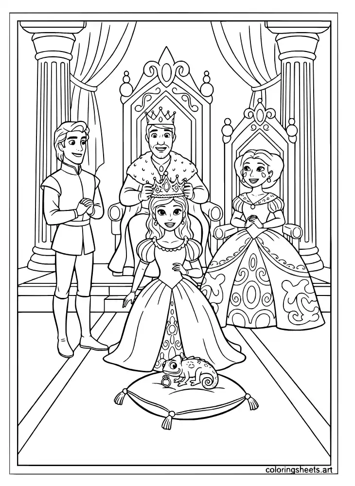 Rapunzel being crowned queen of Corona coloring page for kids
