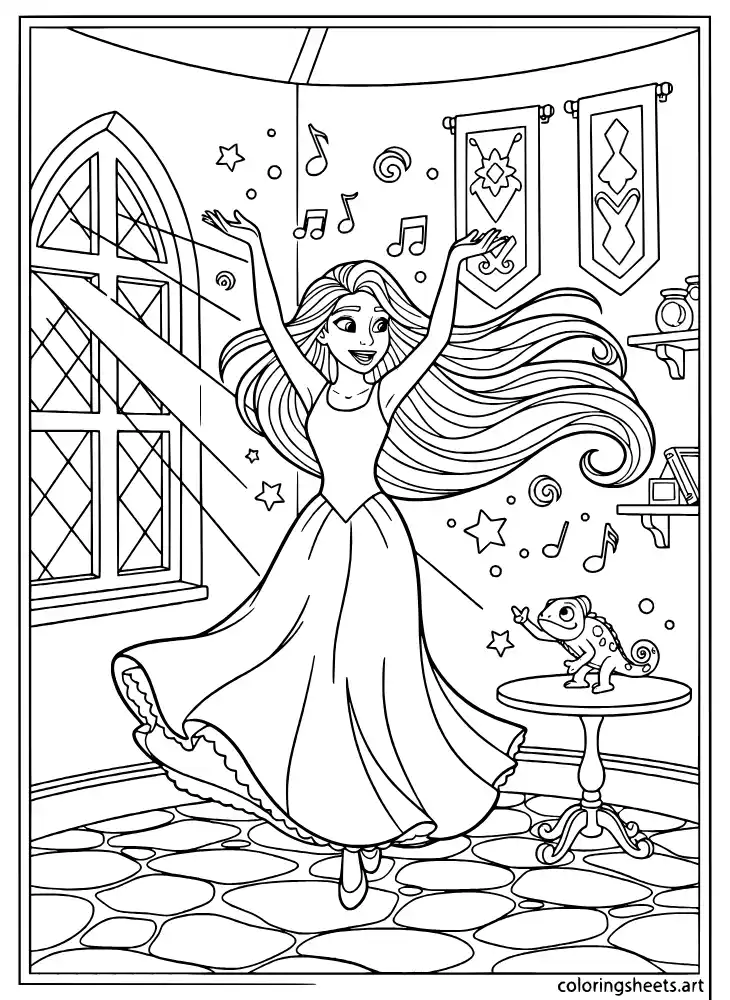 Rapunzel dancing in the tower with Pascal coloring page