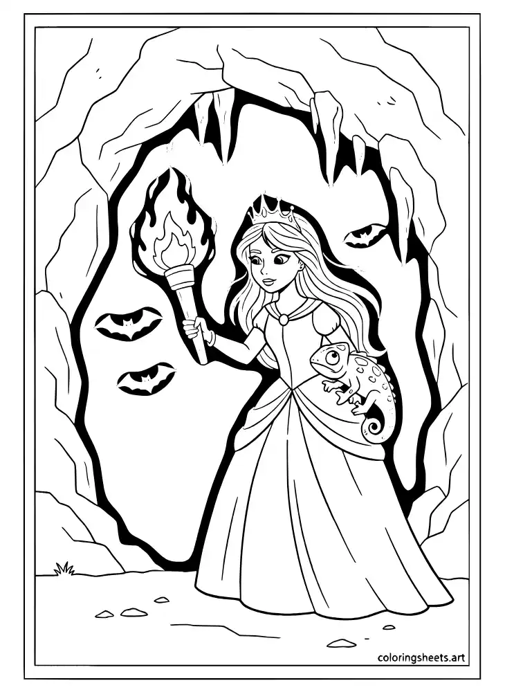 Rapunzel discovering a hidden cave coloring page for kids