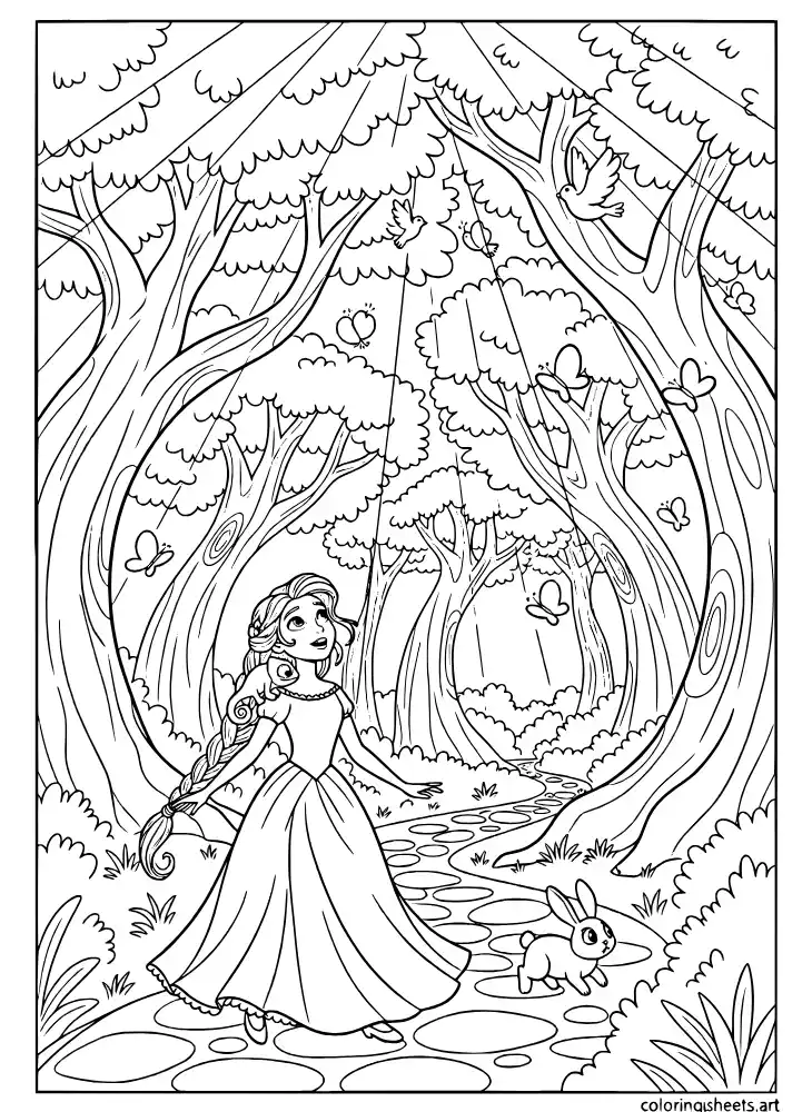 Rapunzel exploring a forest with Pascal coloring page