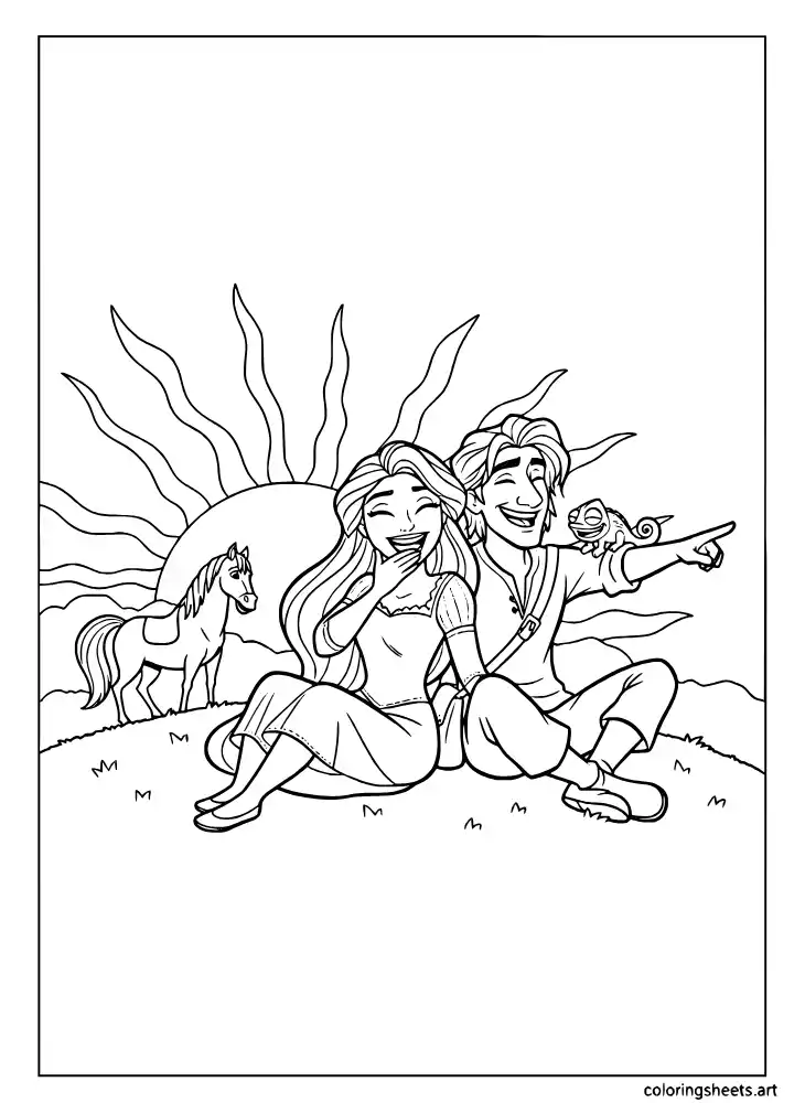 Rapunzel and Flynn Rider laughing together coloring page