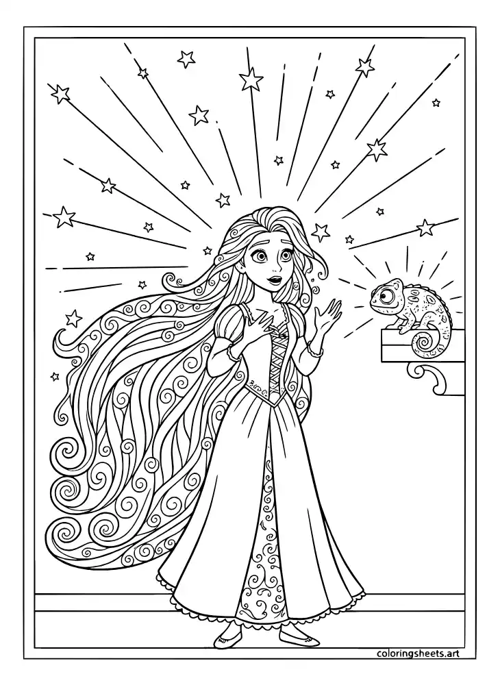 Rapunzel hair glowing with magical light coloring page