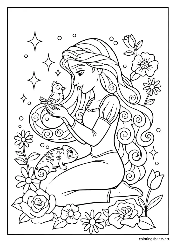 Rapunzel healing a wounded bird with her magical hair coloring page