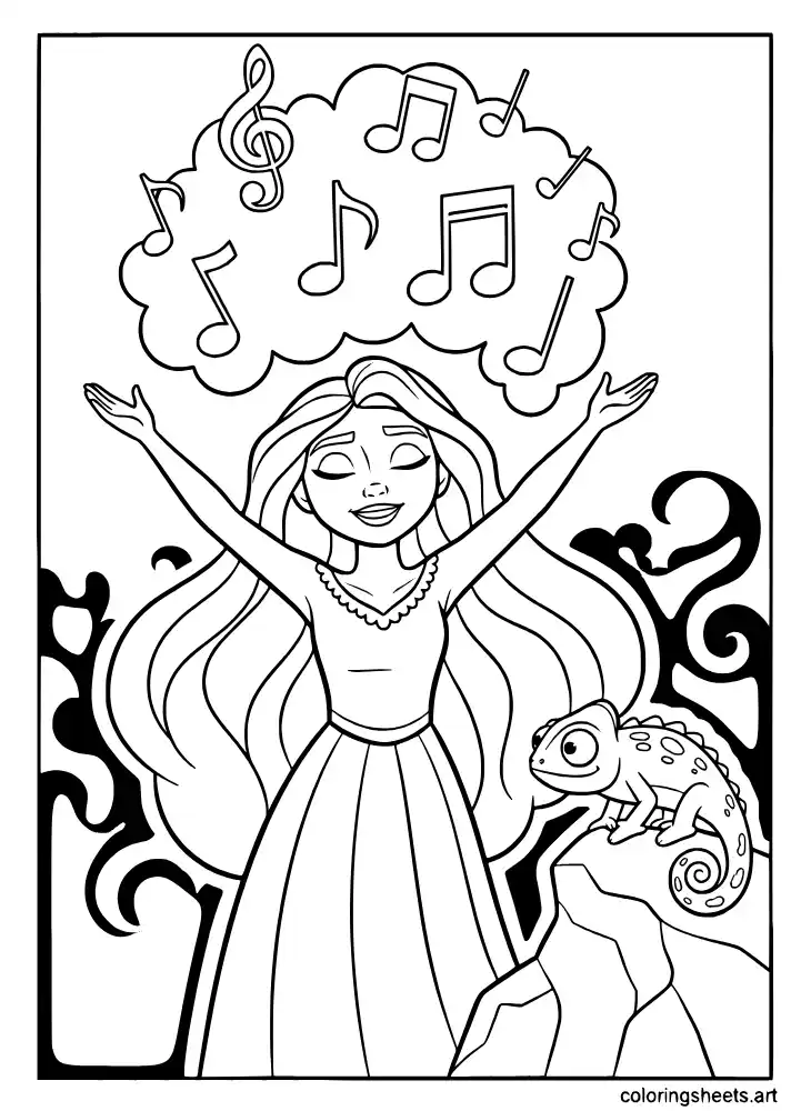 Rapunzel singing the healing incantation with glowing hair coloring page