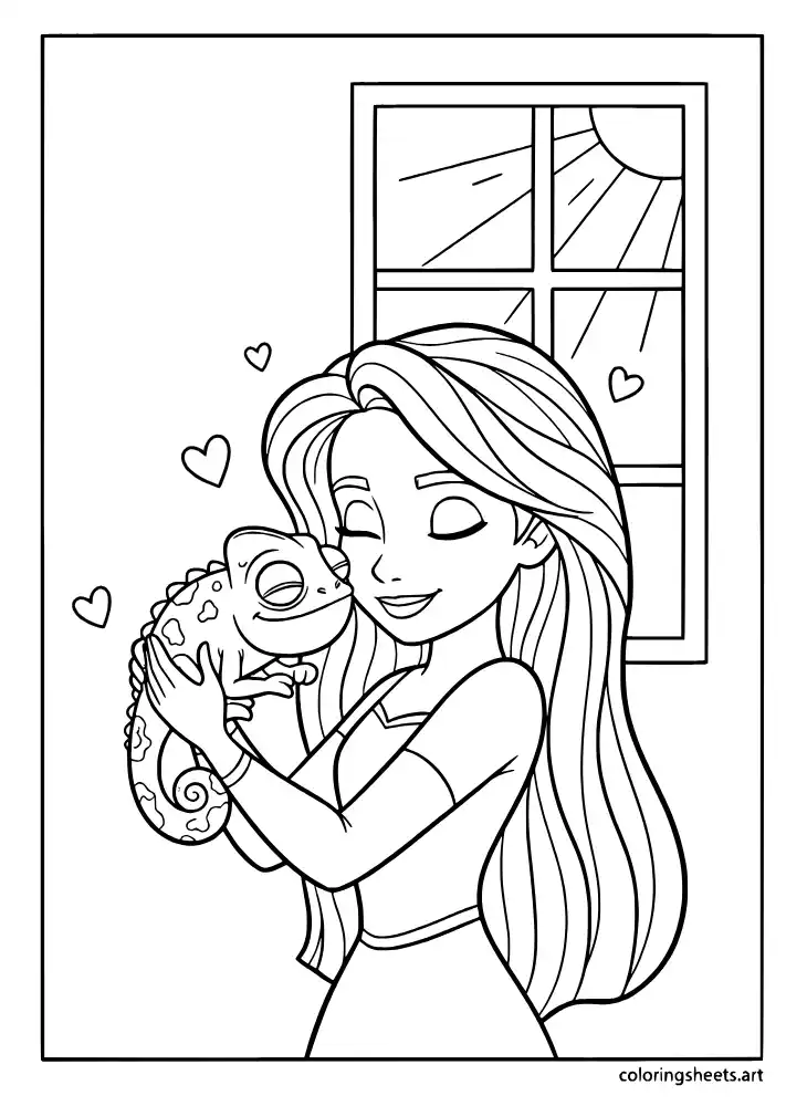 Rapunzel hugging Pascal tightly coloring page for kids
