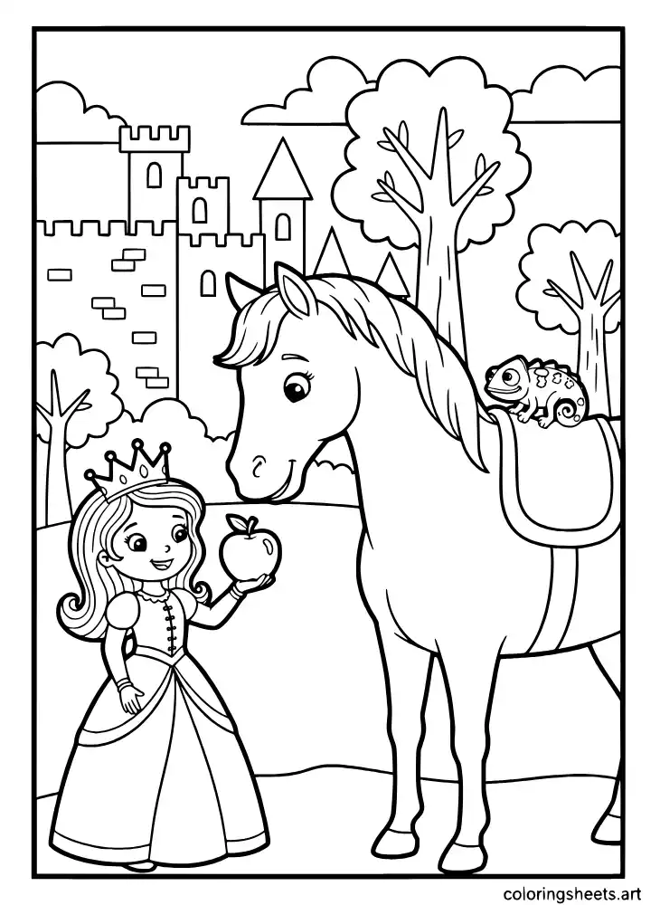 Rapunzel and Maximus sharing an apple coloring page